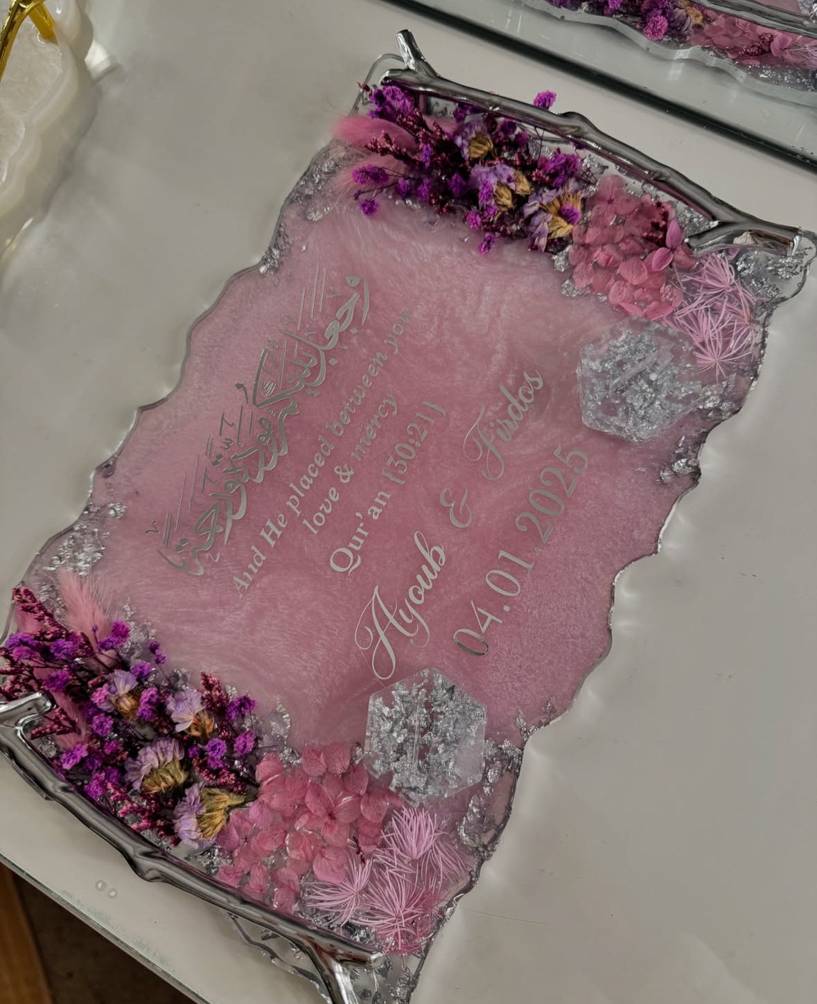 Lilac and silver dried flower ring tray