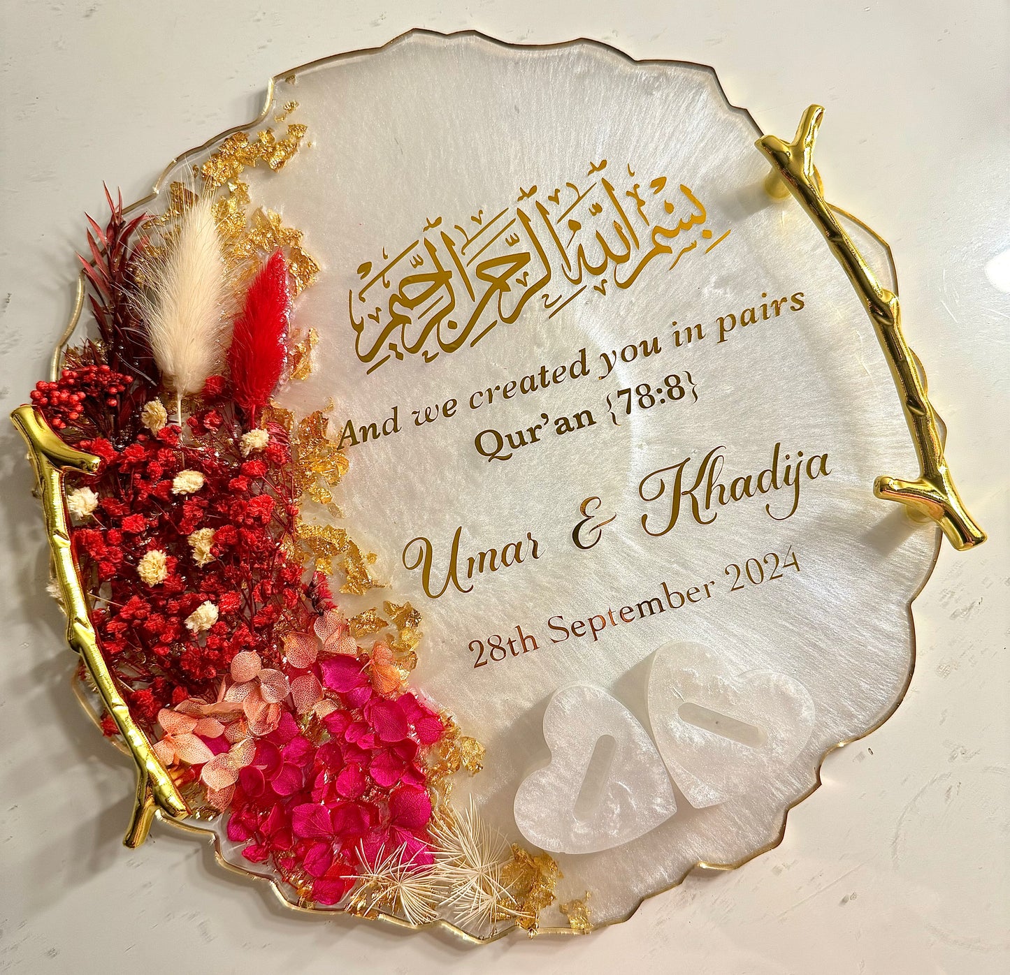 Red dried flower petal tray