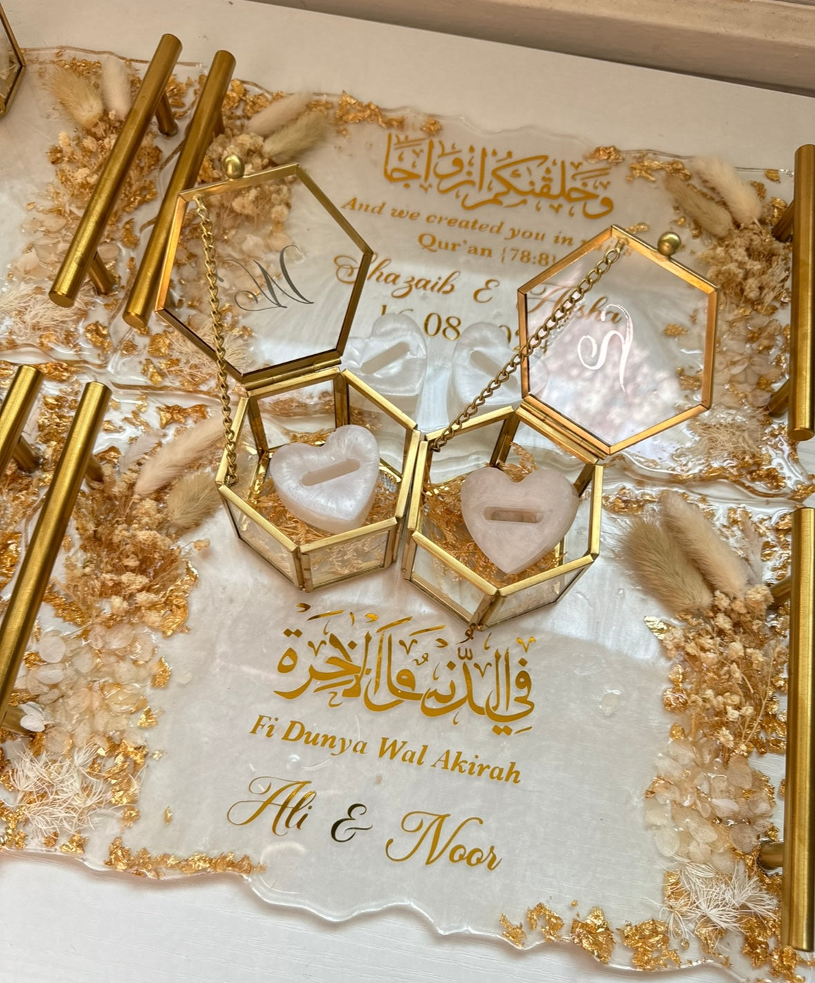 White and beige dried flowered ring tray