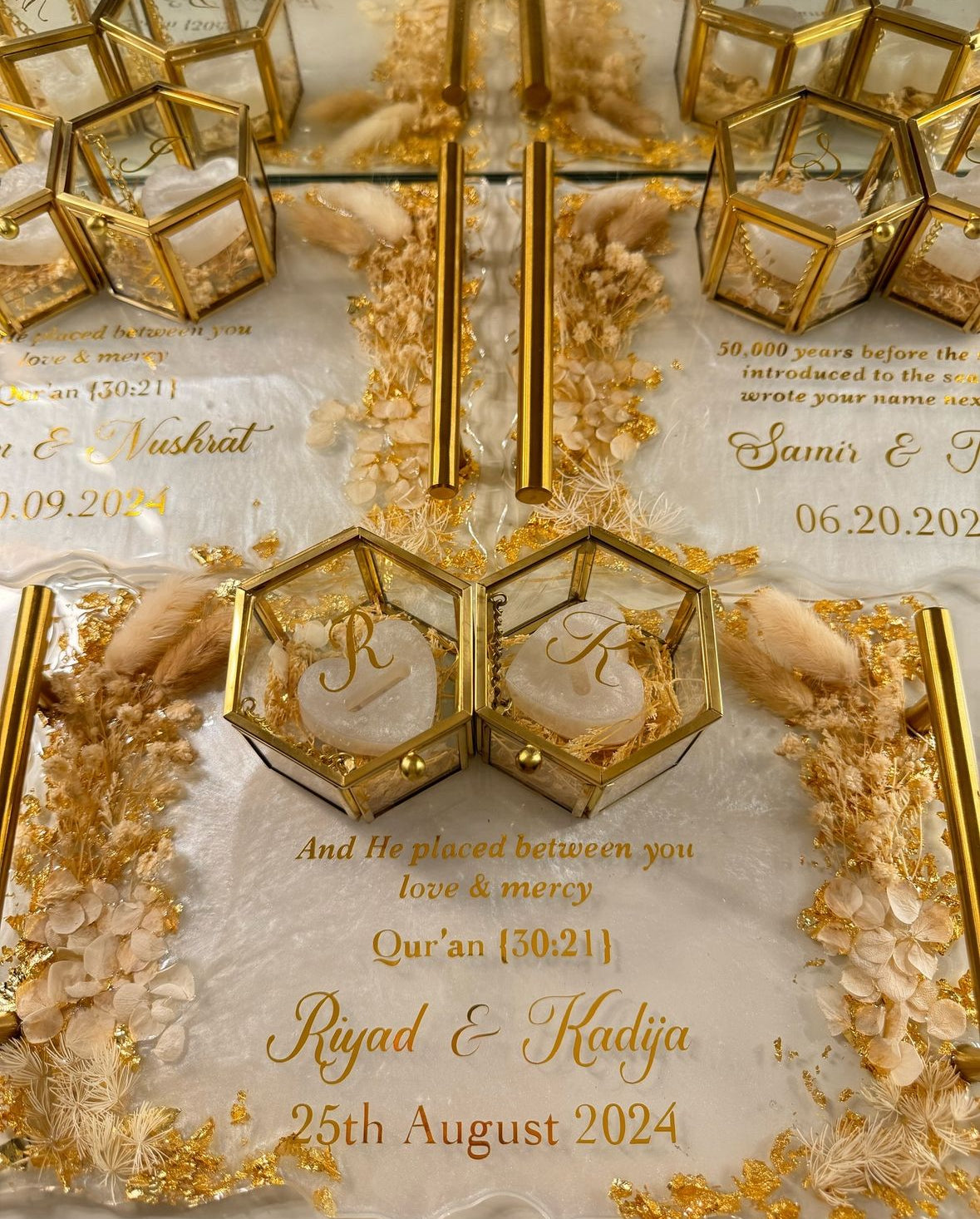 White and beige dried flowered ring tray