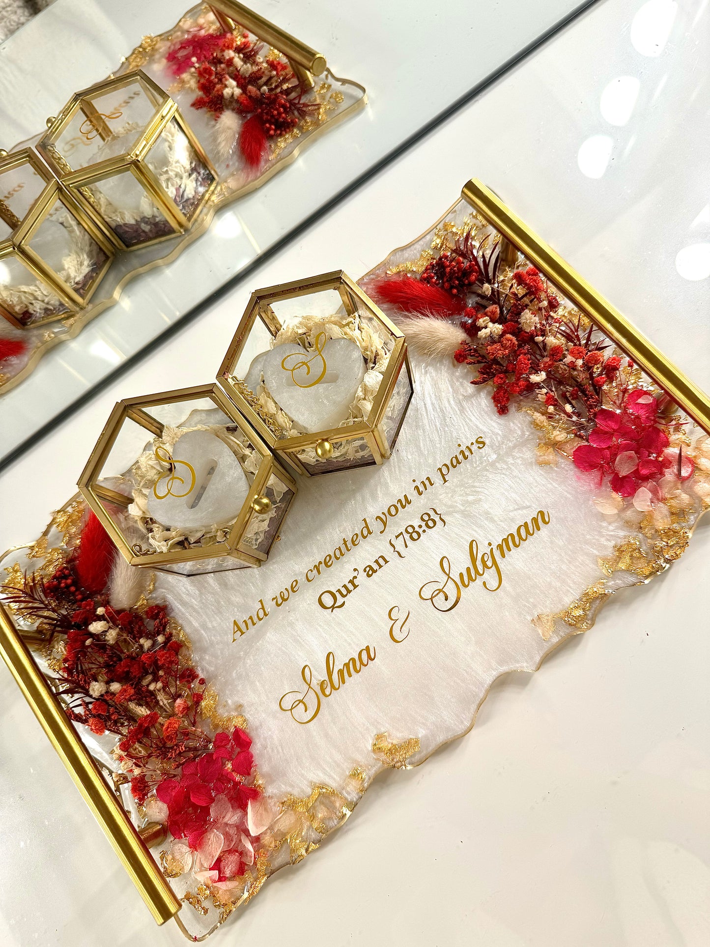 Dried red flowers and gold rectangle tray