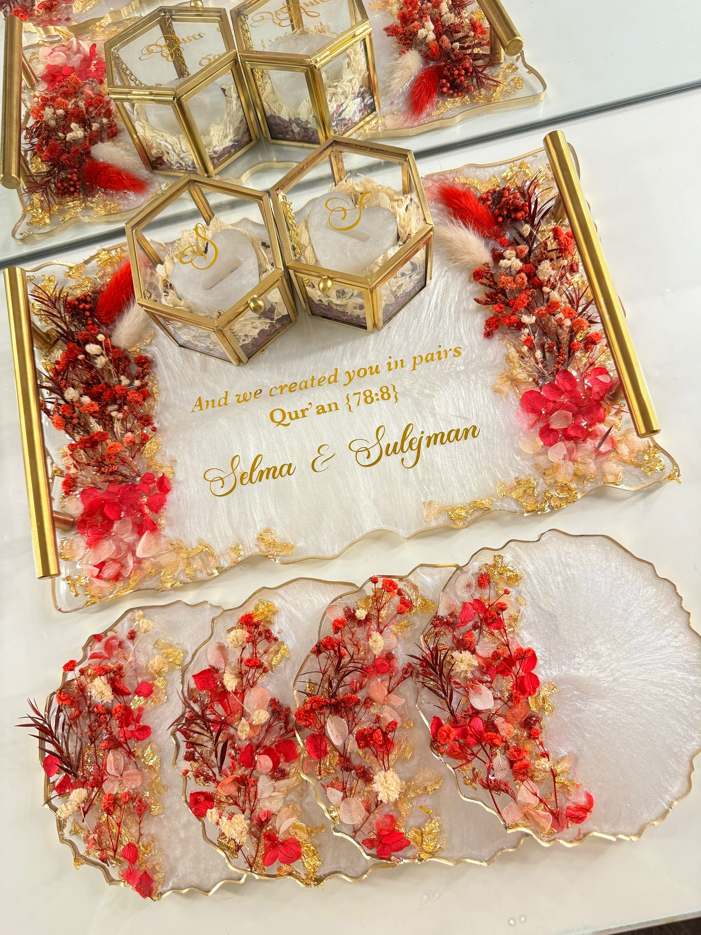 Dried red flowers and gold rectangle tray