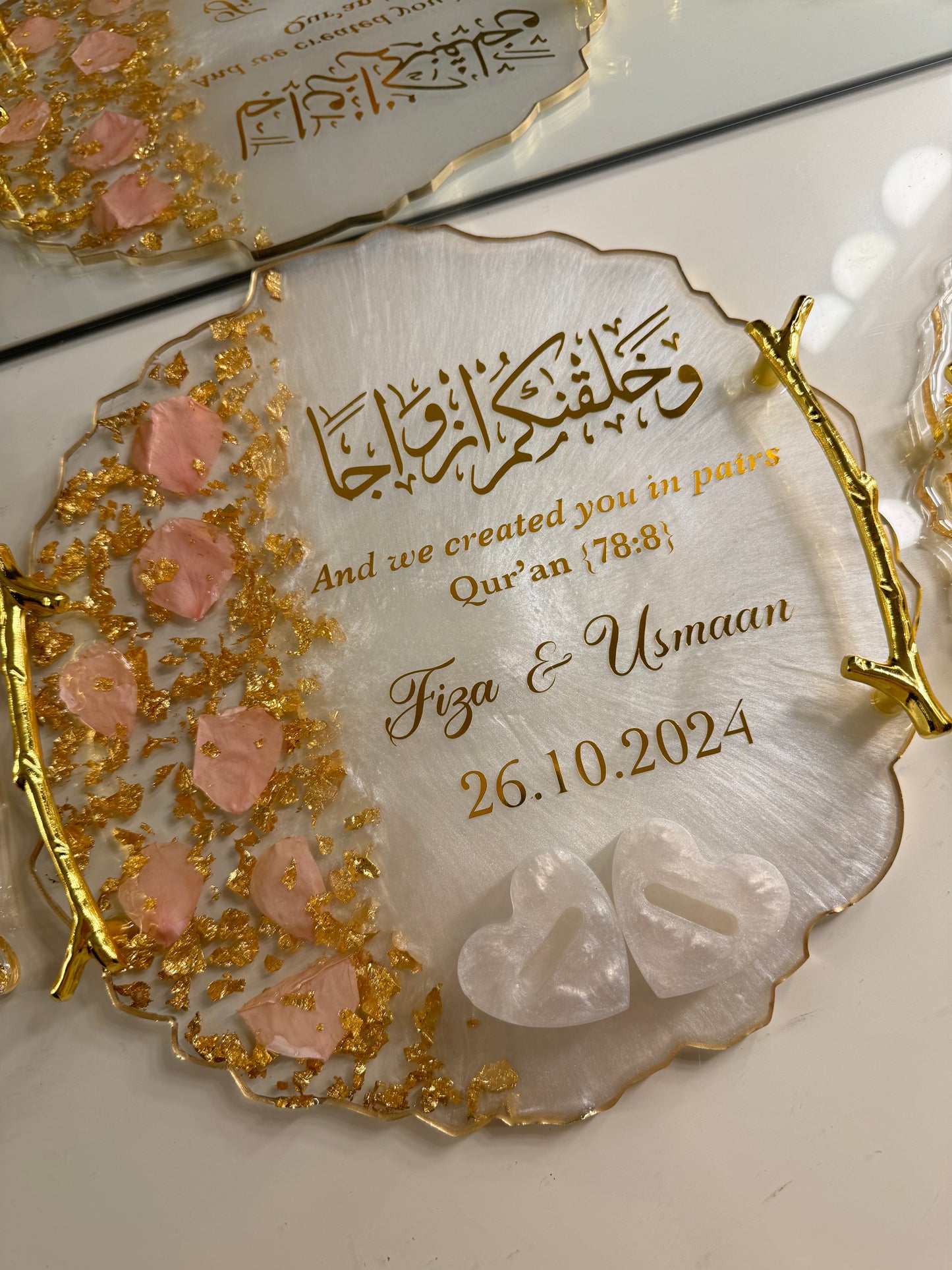 Baby pink petal and gold ring tray