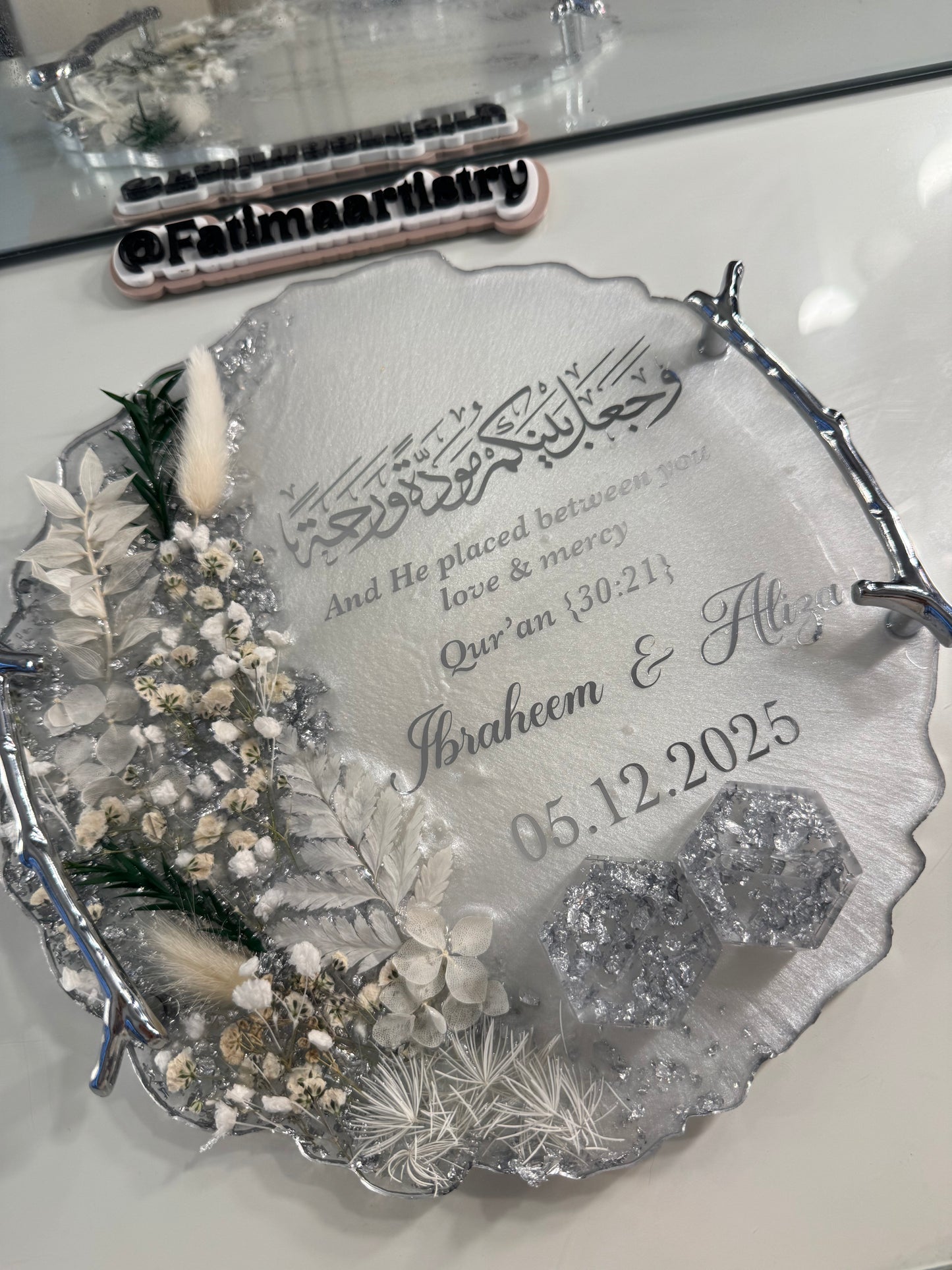 Silver and sage green dried flower circle ring tray