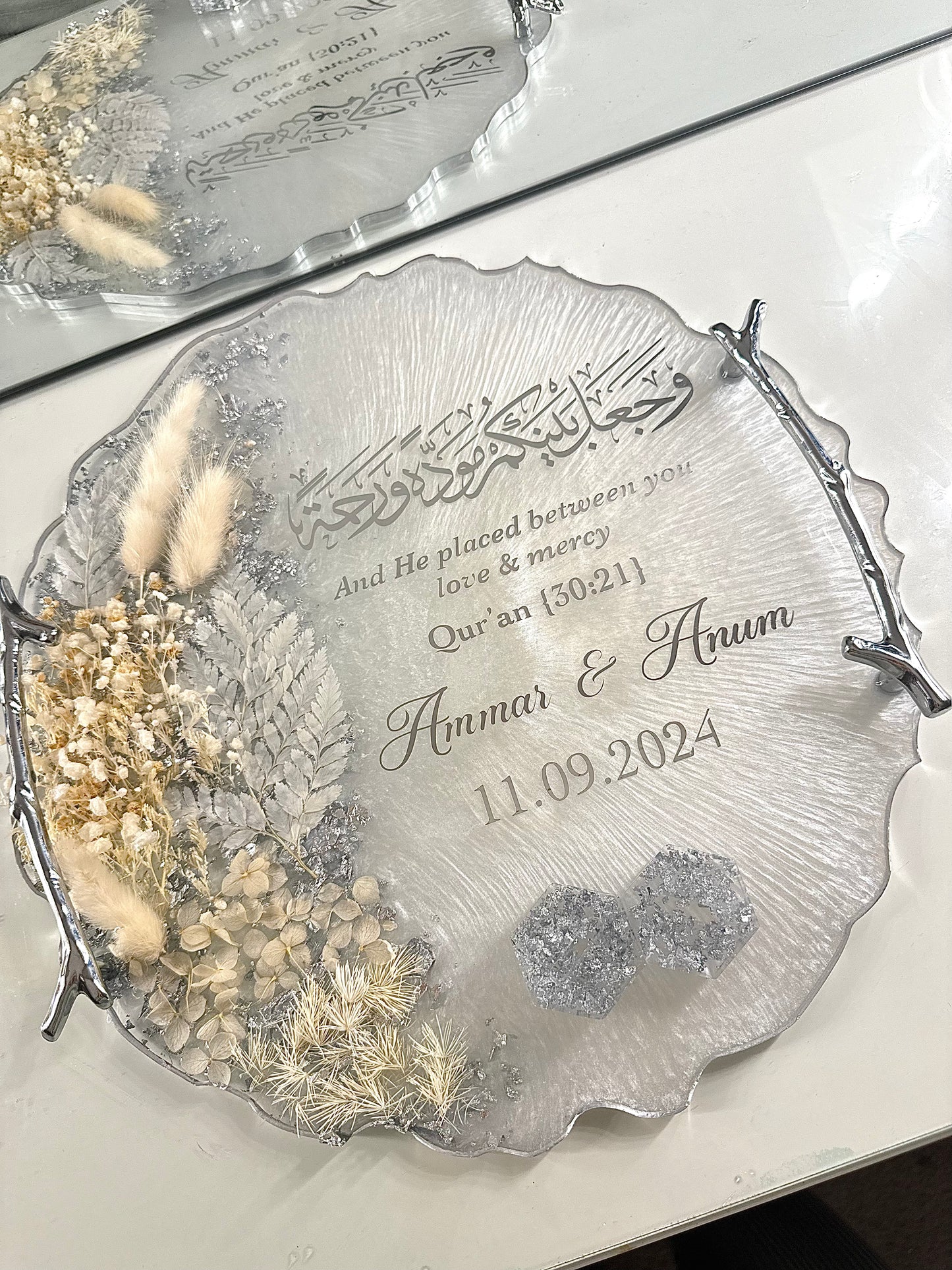 12" dried white and silver flakes tray
