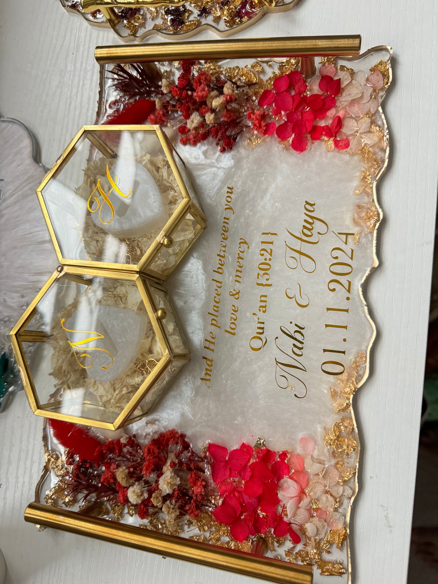Dried red flowers and gold rectangle tray