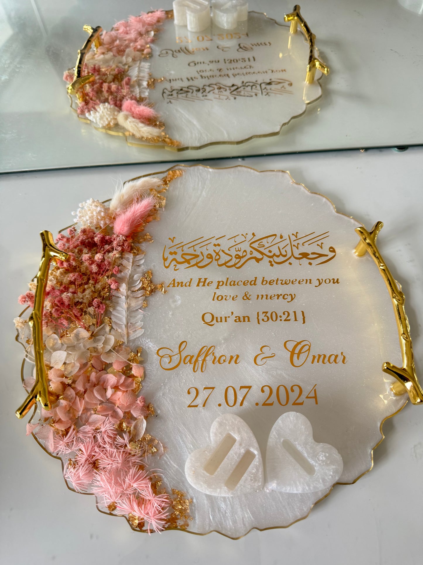 Dried pastel pink and gold ring tray