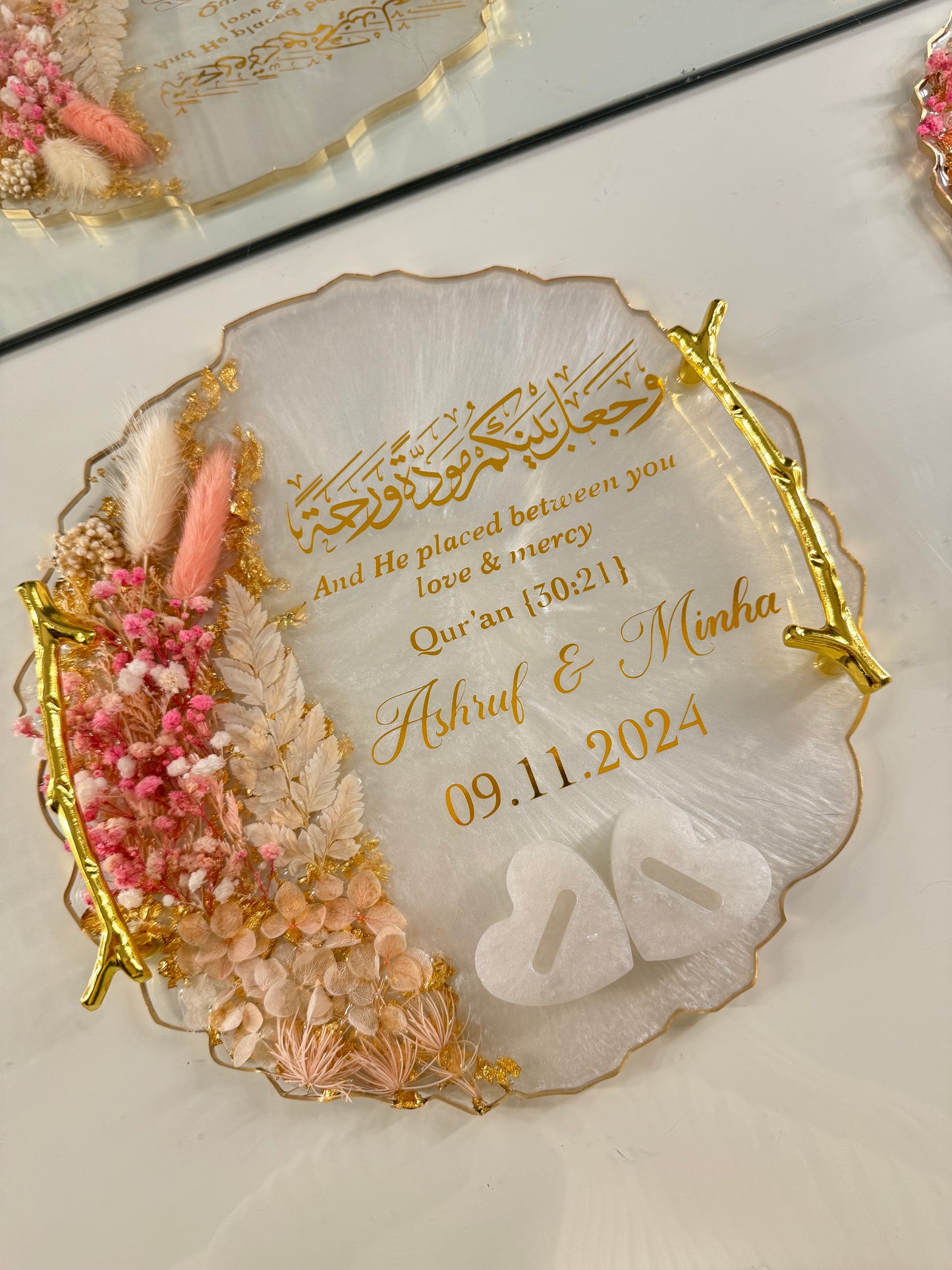 Dried pink and gold ring tray
