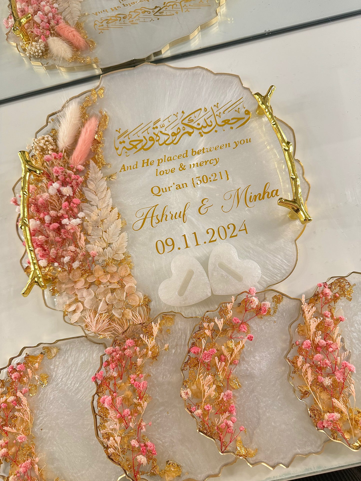 Dried pink and gold ring tray