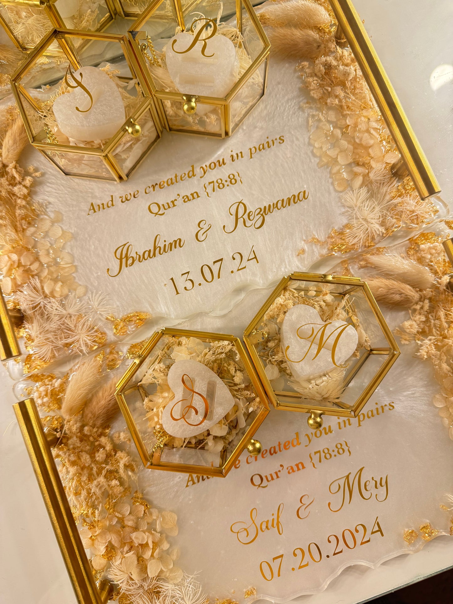 White and beige dried flowered ring tray