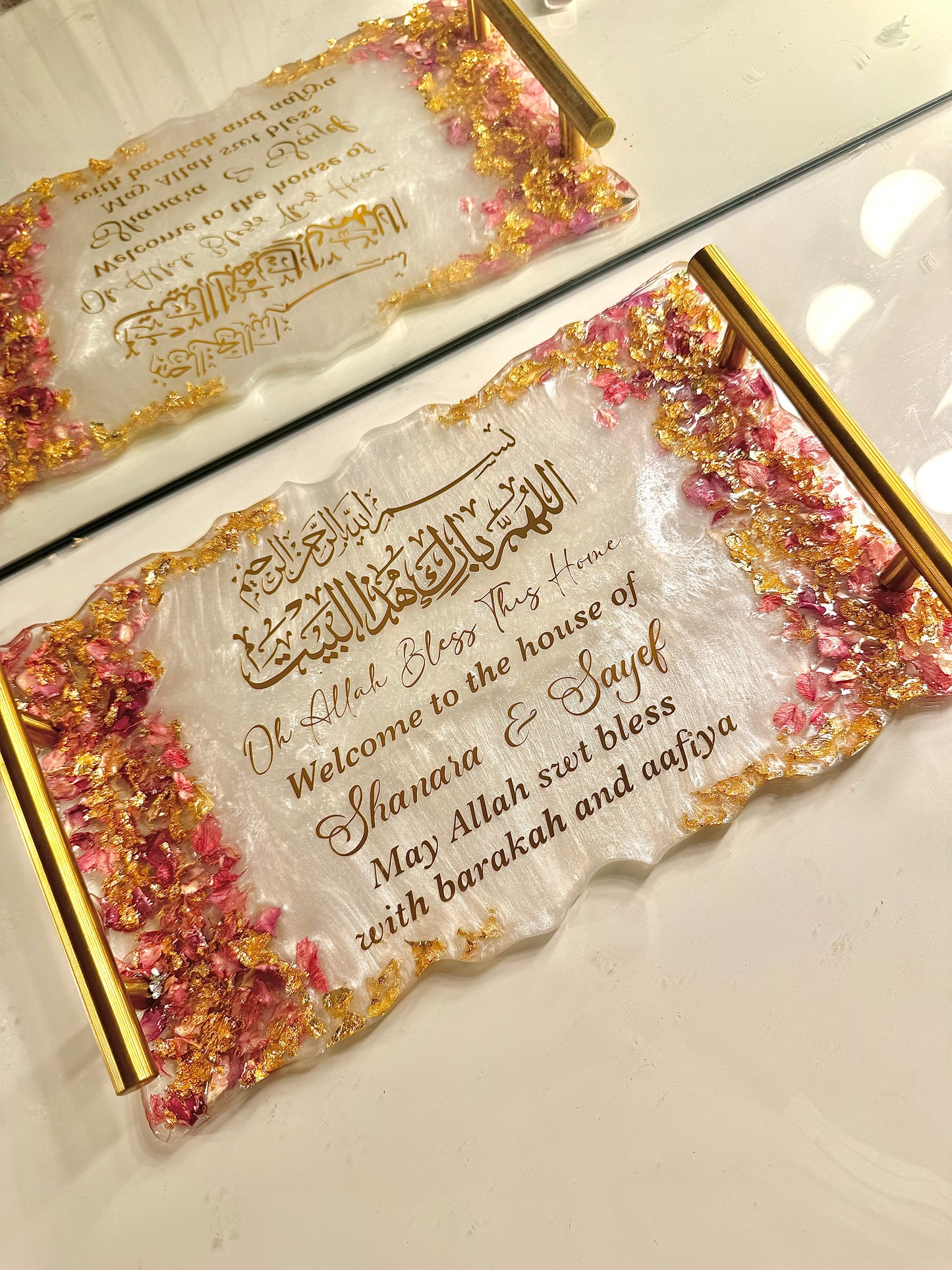 Pink petals and gold rectangle ring tray