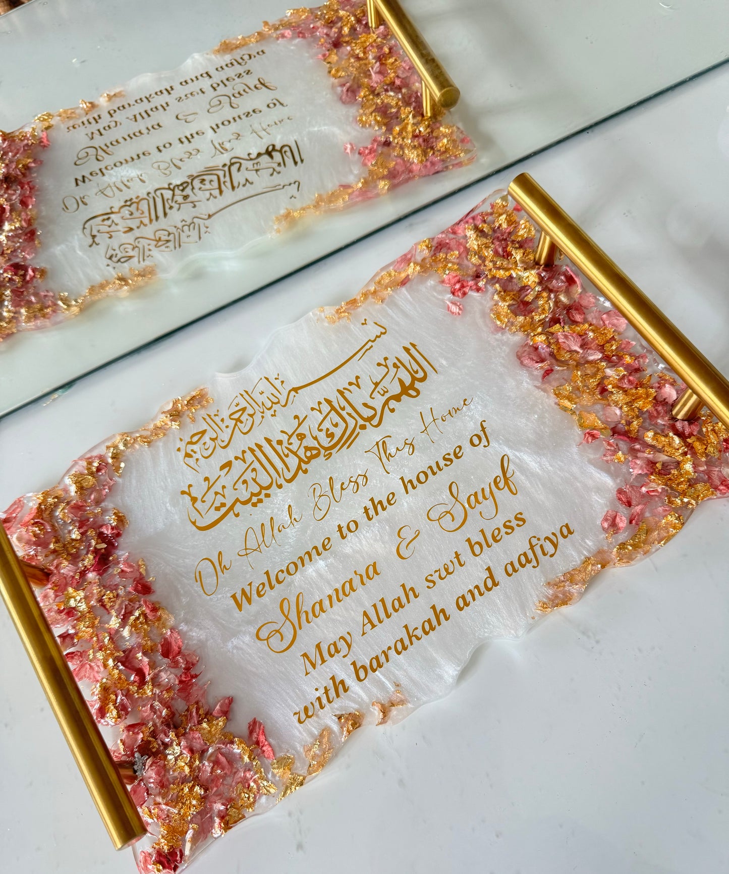 Pink petals and gold rectangle ring tray