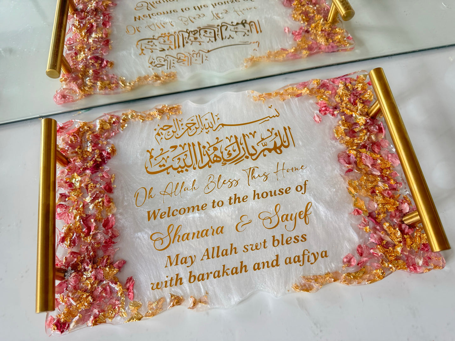 Pink petals and gold rectangle ring tray