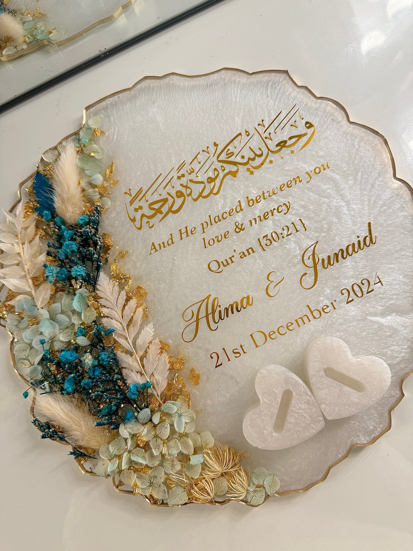 Baby blue and gold dried flower circle ring tray