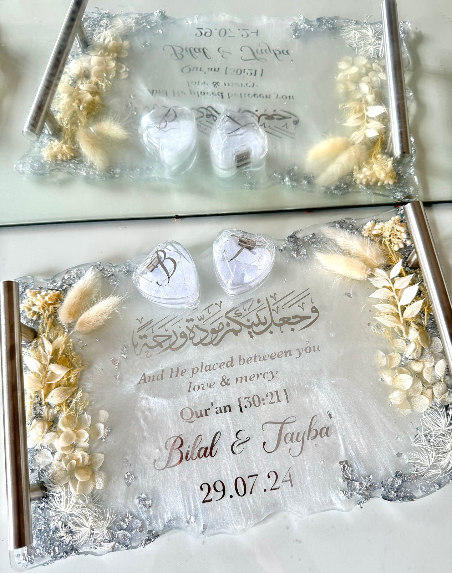 Silver and white dried flowered ring tray