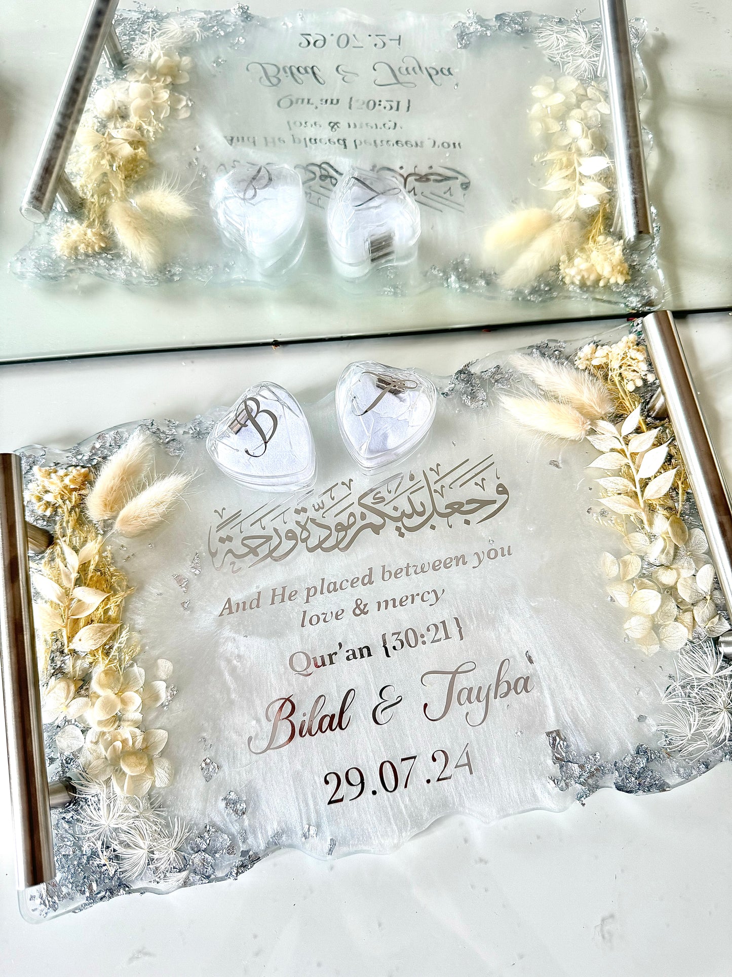 Silver and white dried flowered ring tray