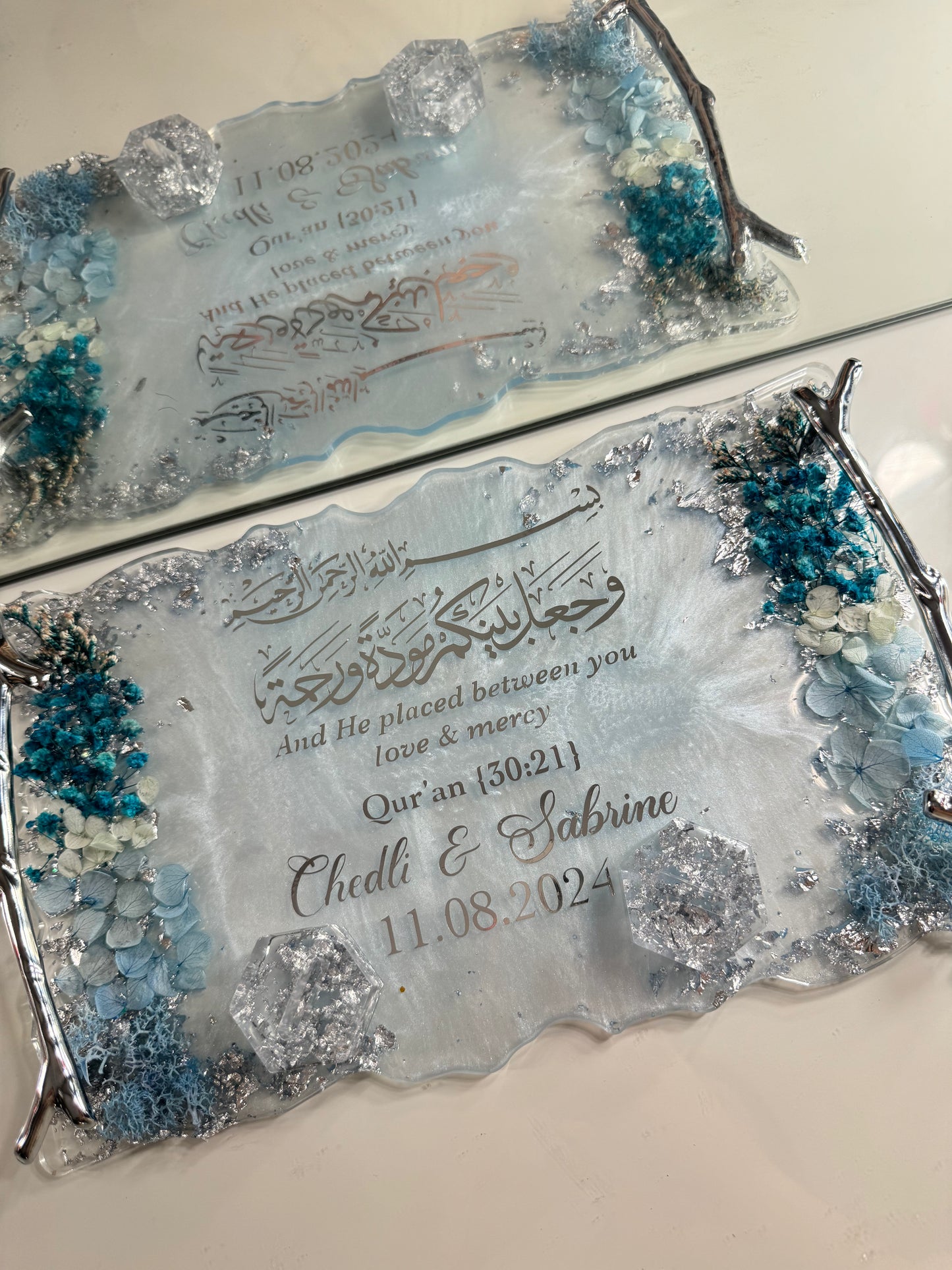 Baby blue and silver dried flower ring tray