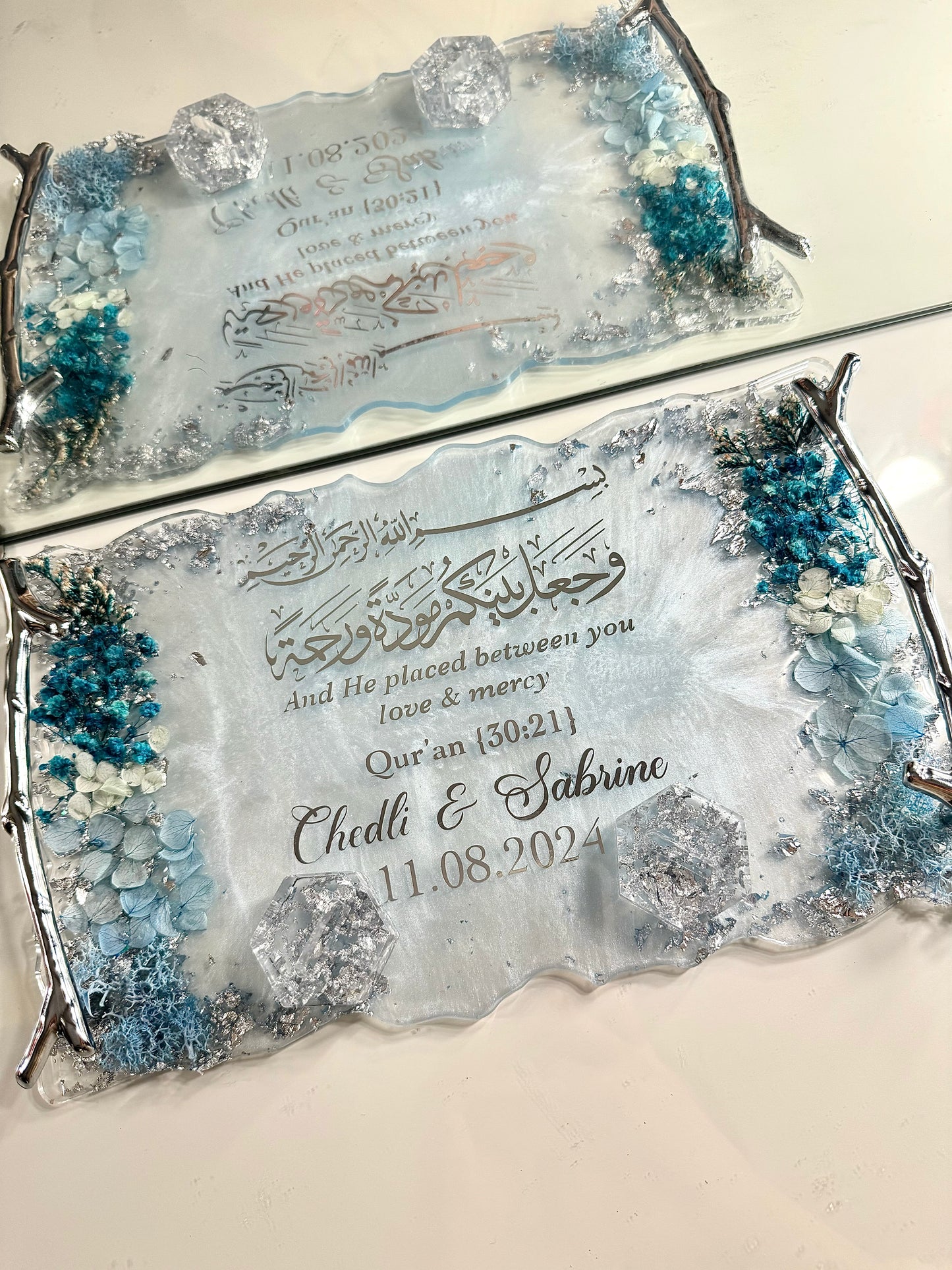 Baby blue and silver dried flower ring tray