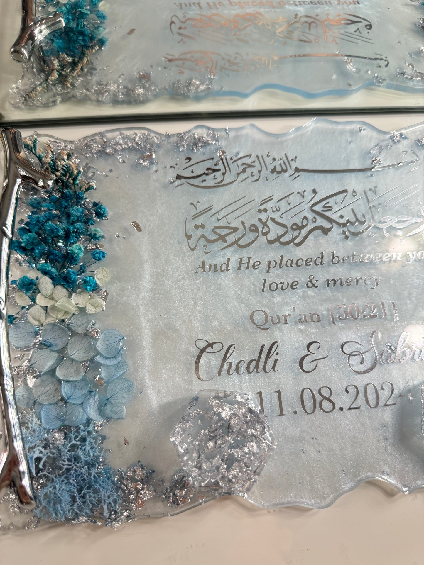 Baby blue and silver dried flower ring tray