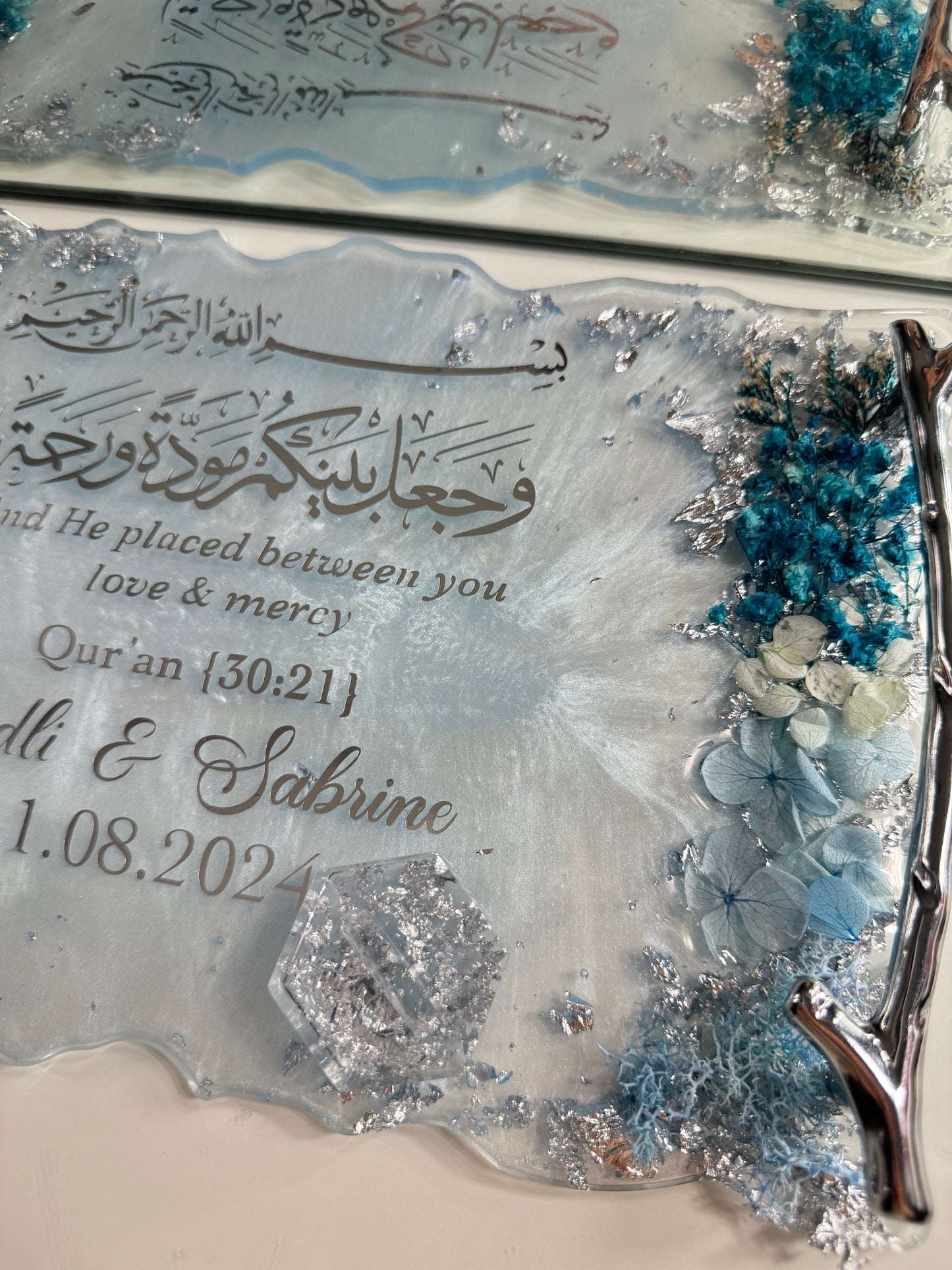 Baby blue and silver dried flower ring tray