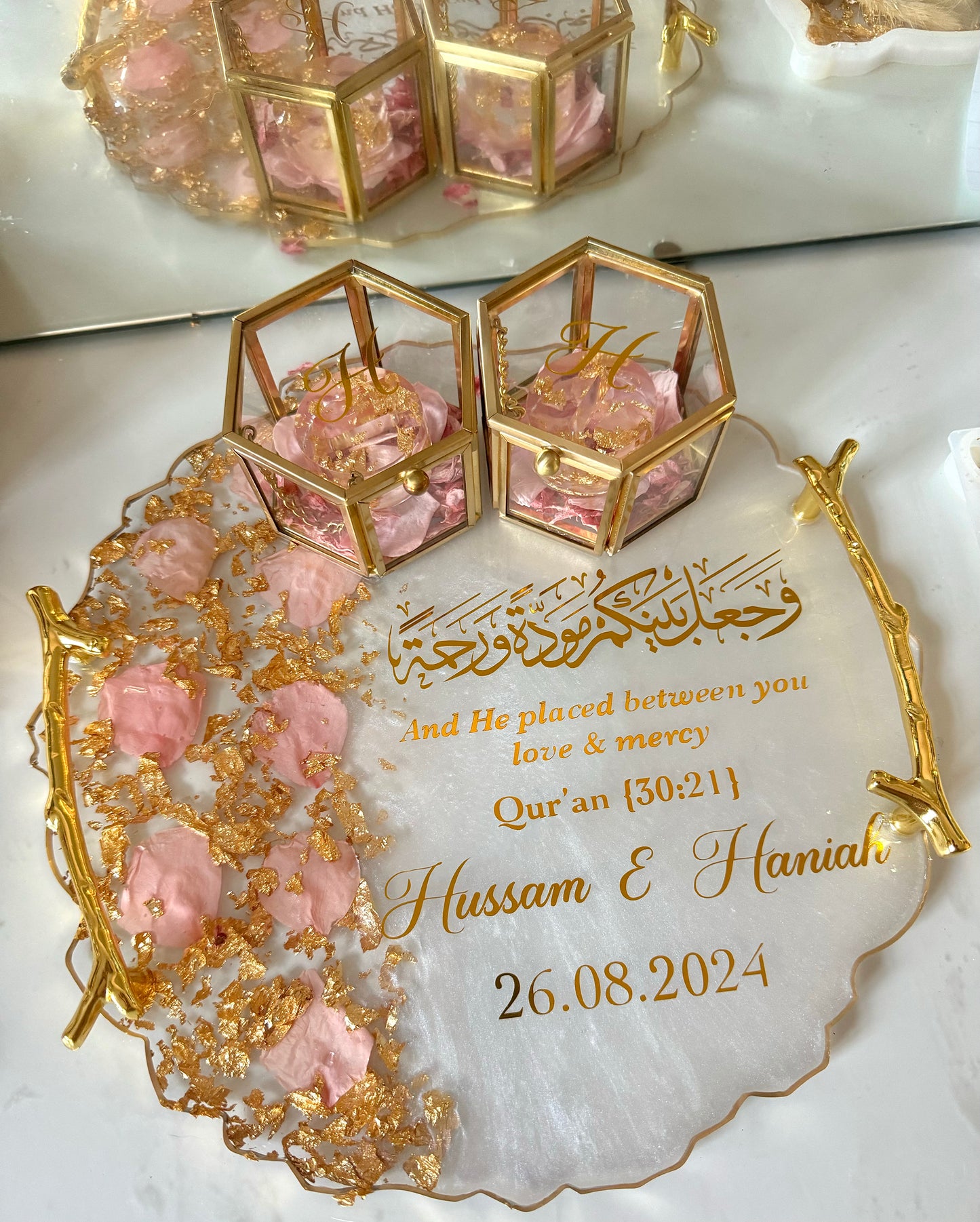 Baby pink petal and gold ring tray