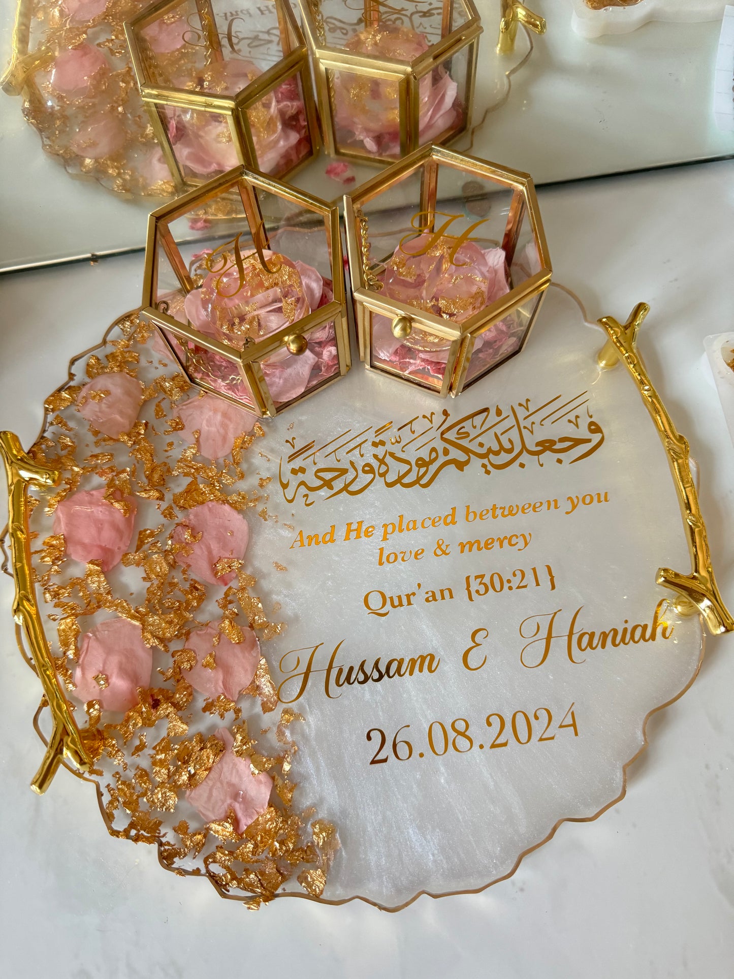 Baby pink petal and gold ring tray