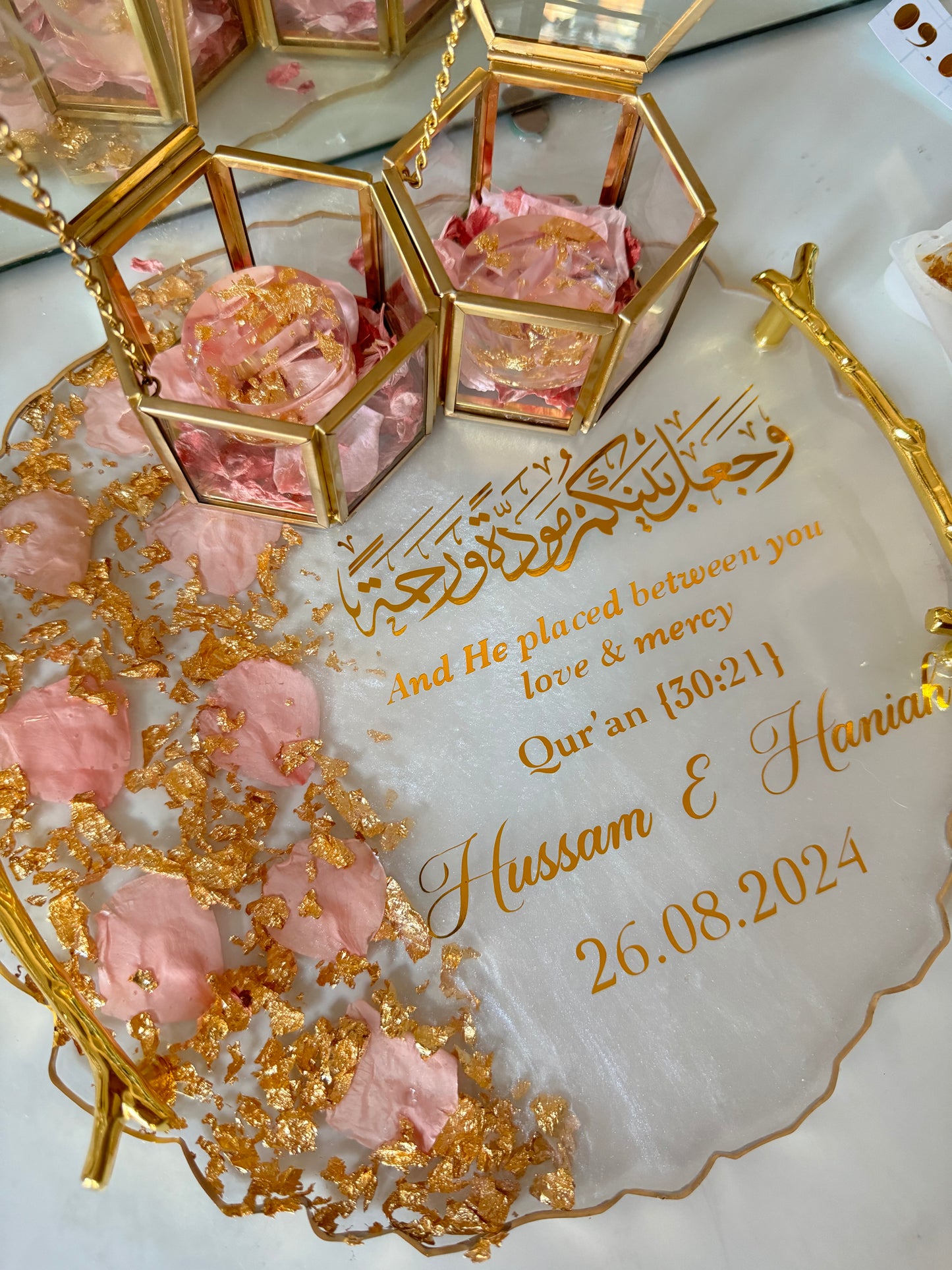 Baby pink petal and gold ring tray