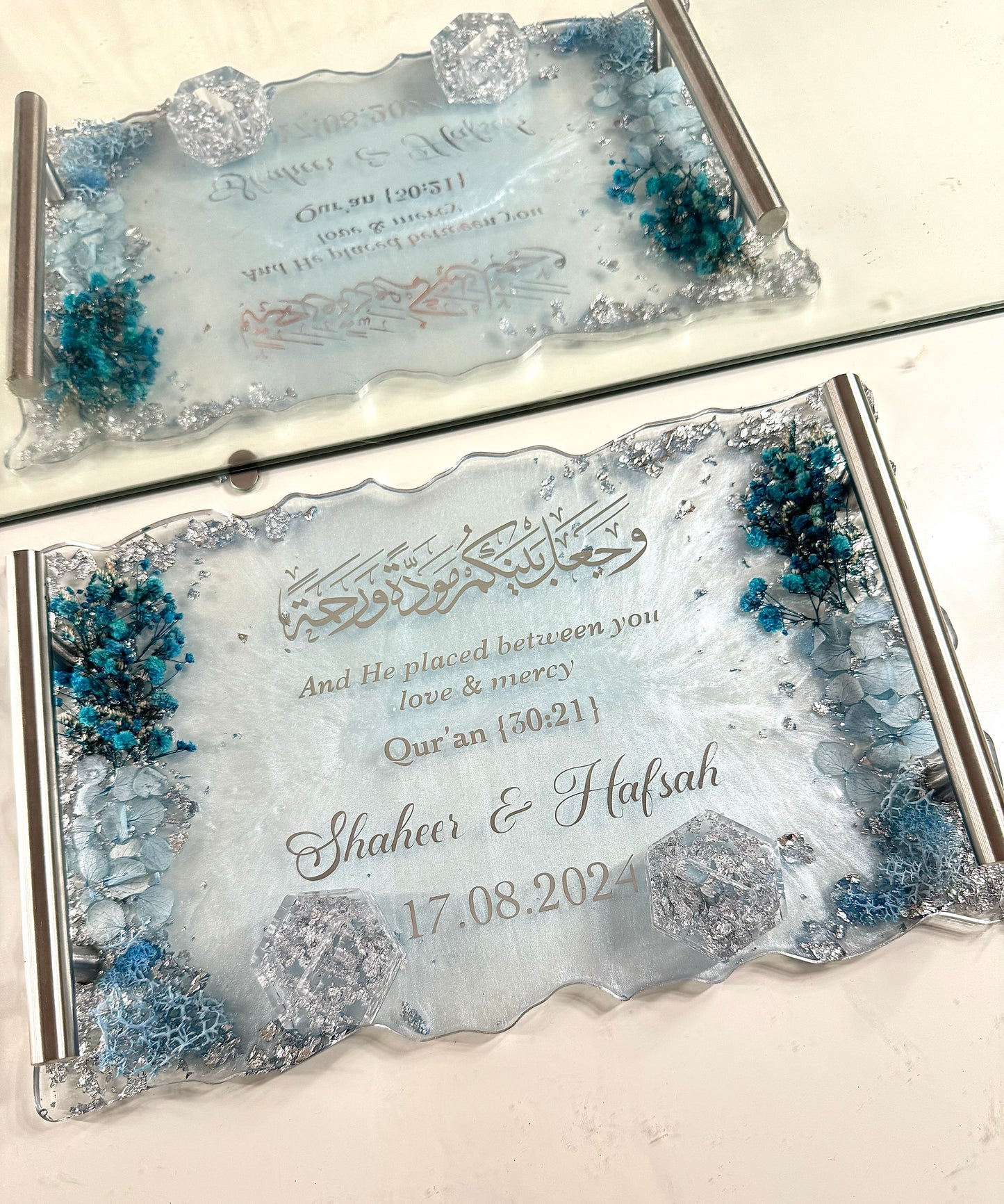 Baby blue and silver dried flower ring tray