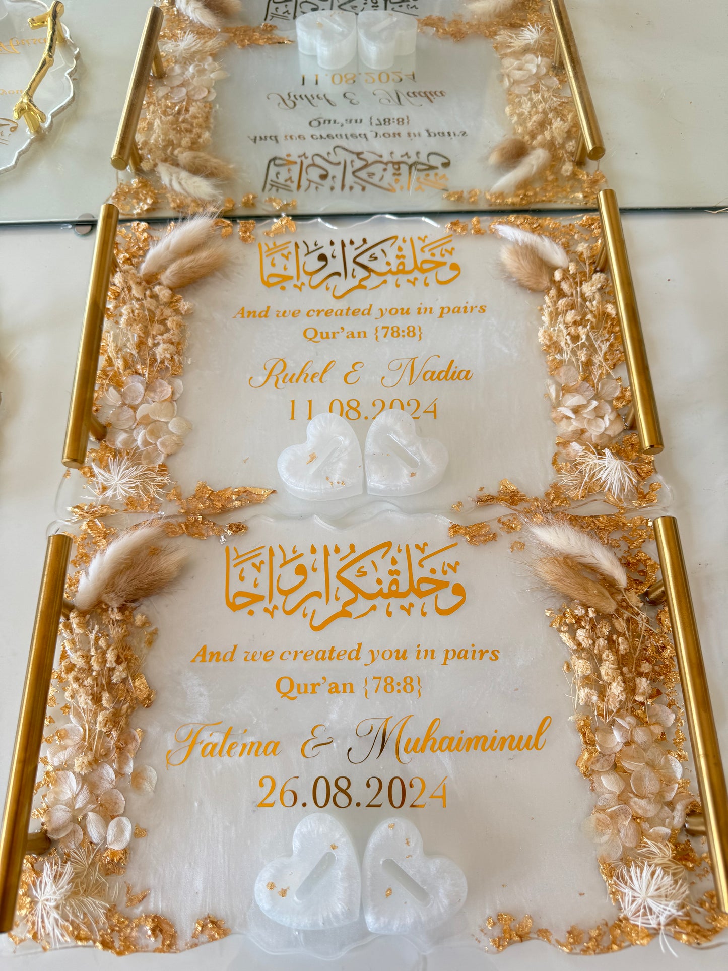 White and beige dried flowered ring tray