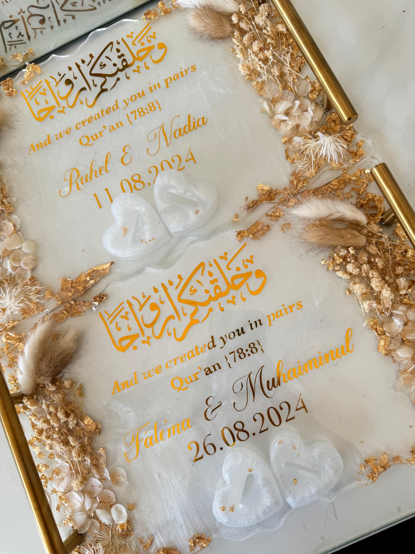 White and beige dried flowered ring tray