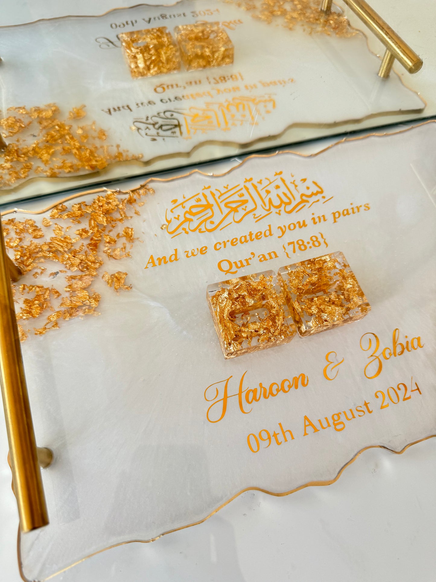 Gold flakes and white rectangle tray