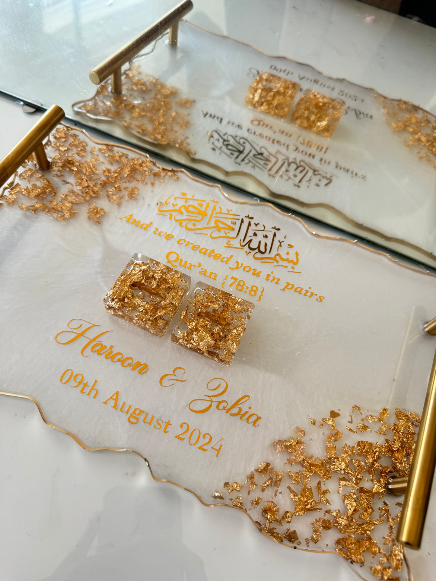 Gold flakes and white rectangle tray