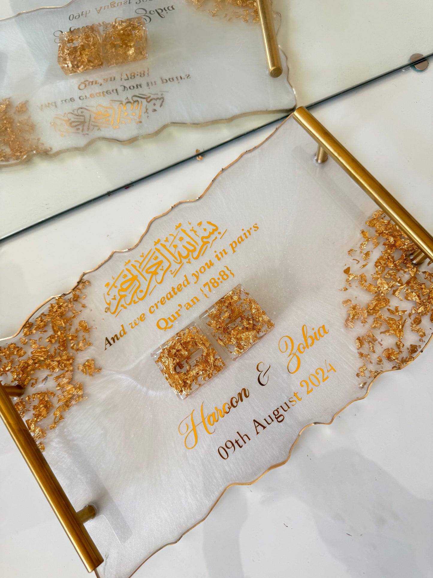 Gold flakes and white rectangle tray