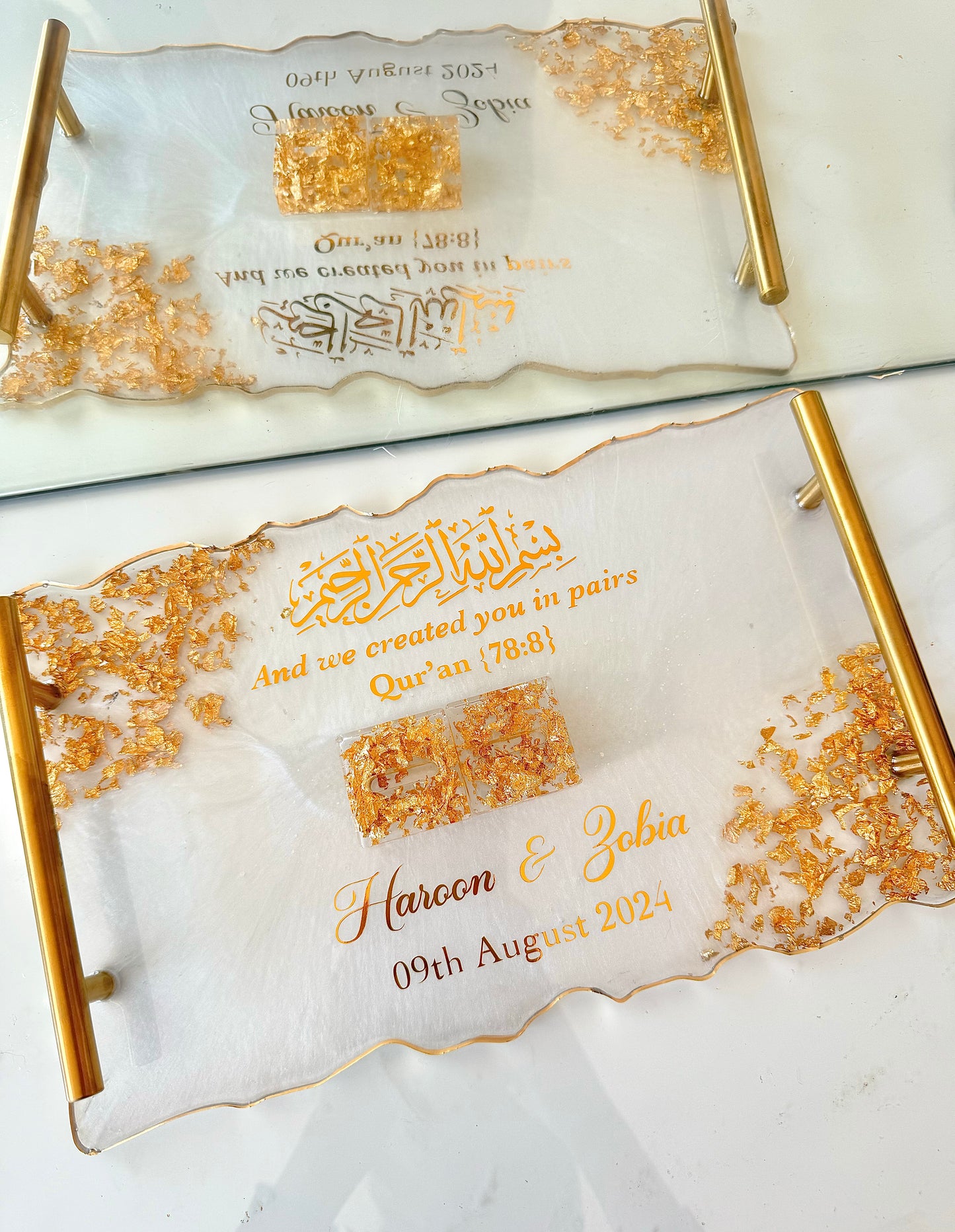 Gold flakes and white rectangle tray