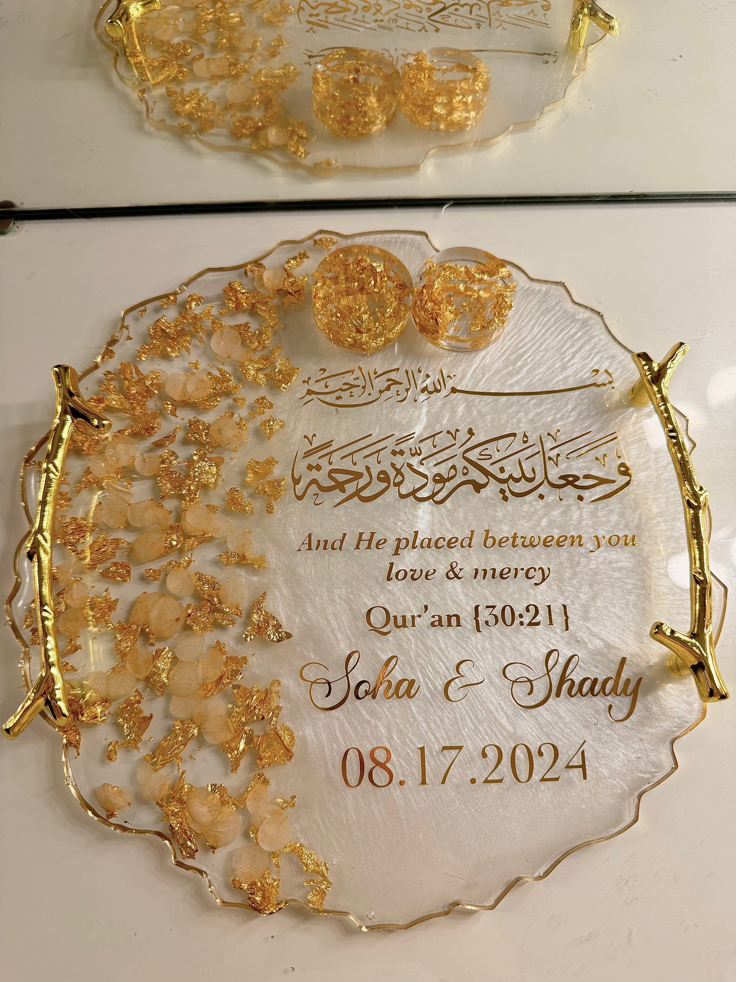White petal and gold circle ring tray