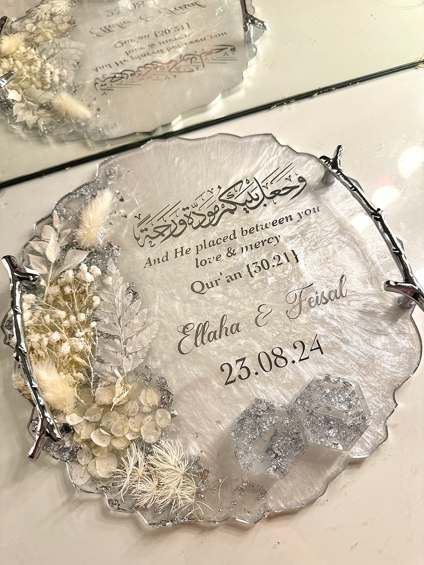 Silver and white dried flower circle ring tray