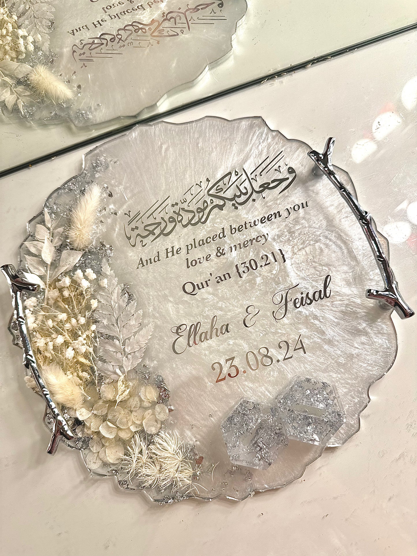 Silver and white dried flower circle ring tray
