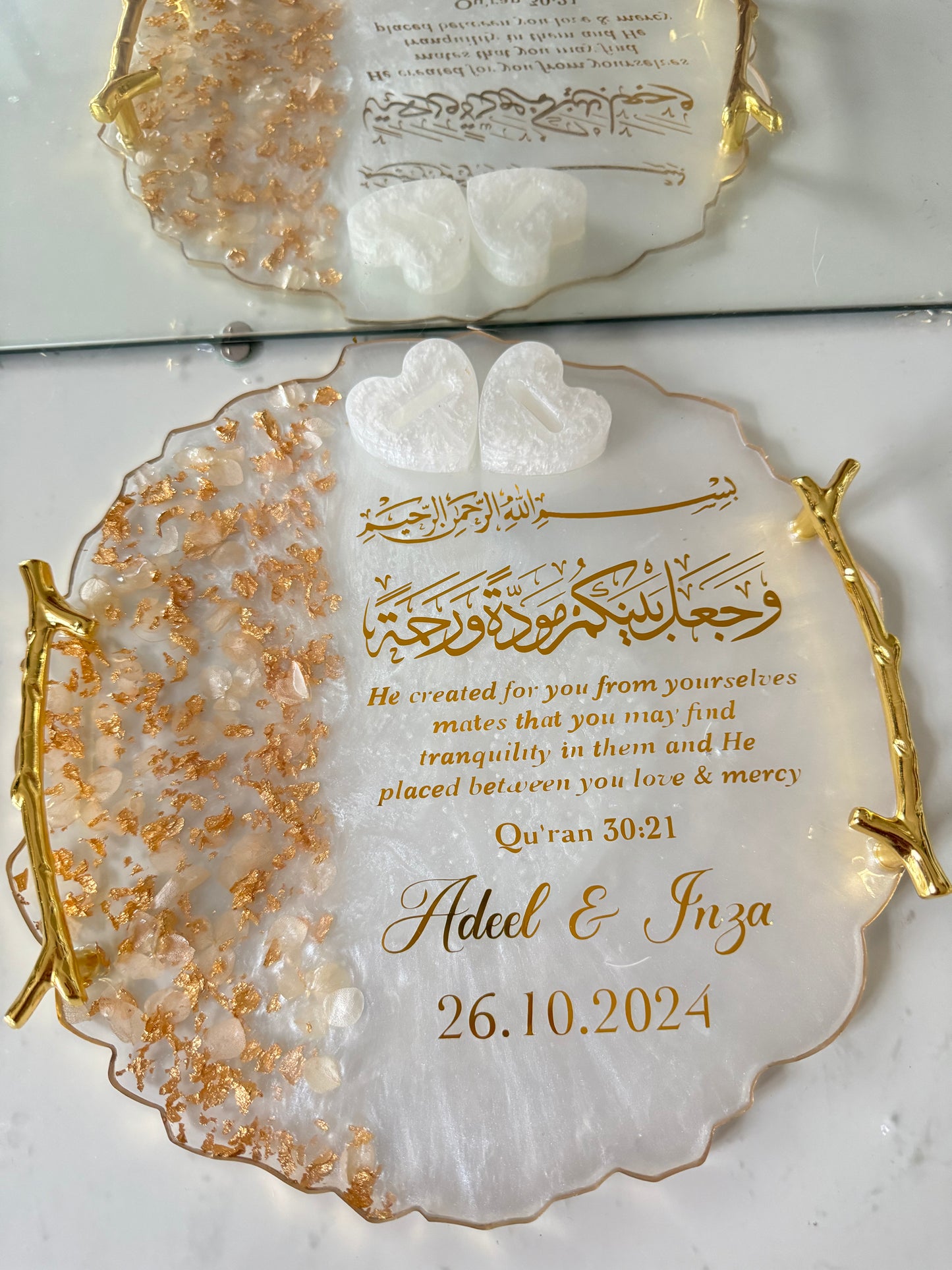 White petal and gold circle ring tray