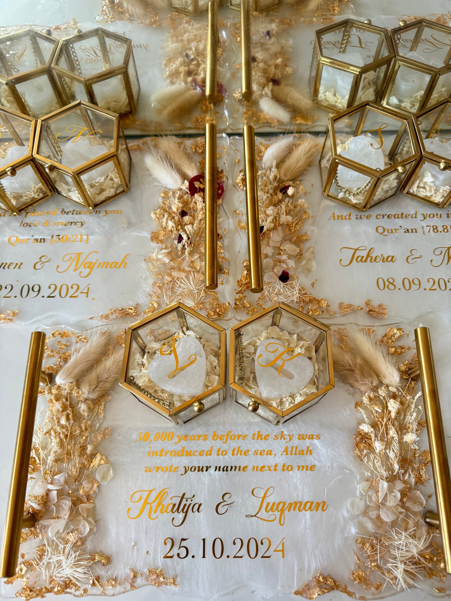 White and beige dried flowered ring tray