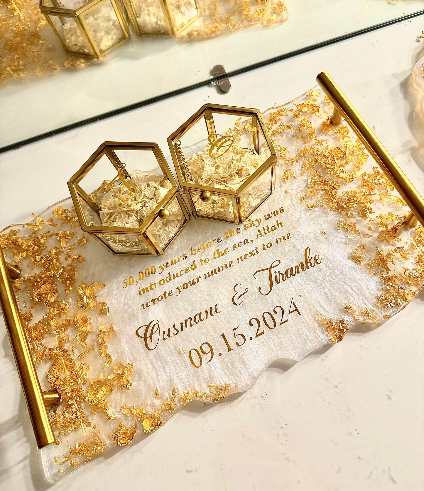 Gold flakes and white rectangle ring tray