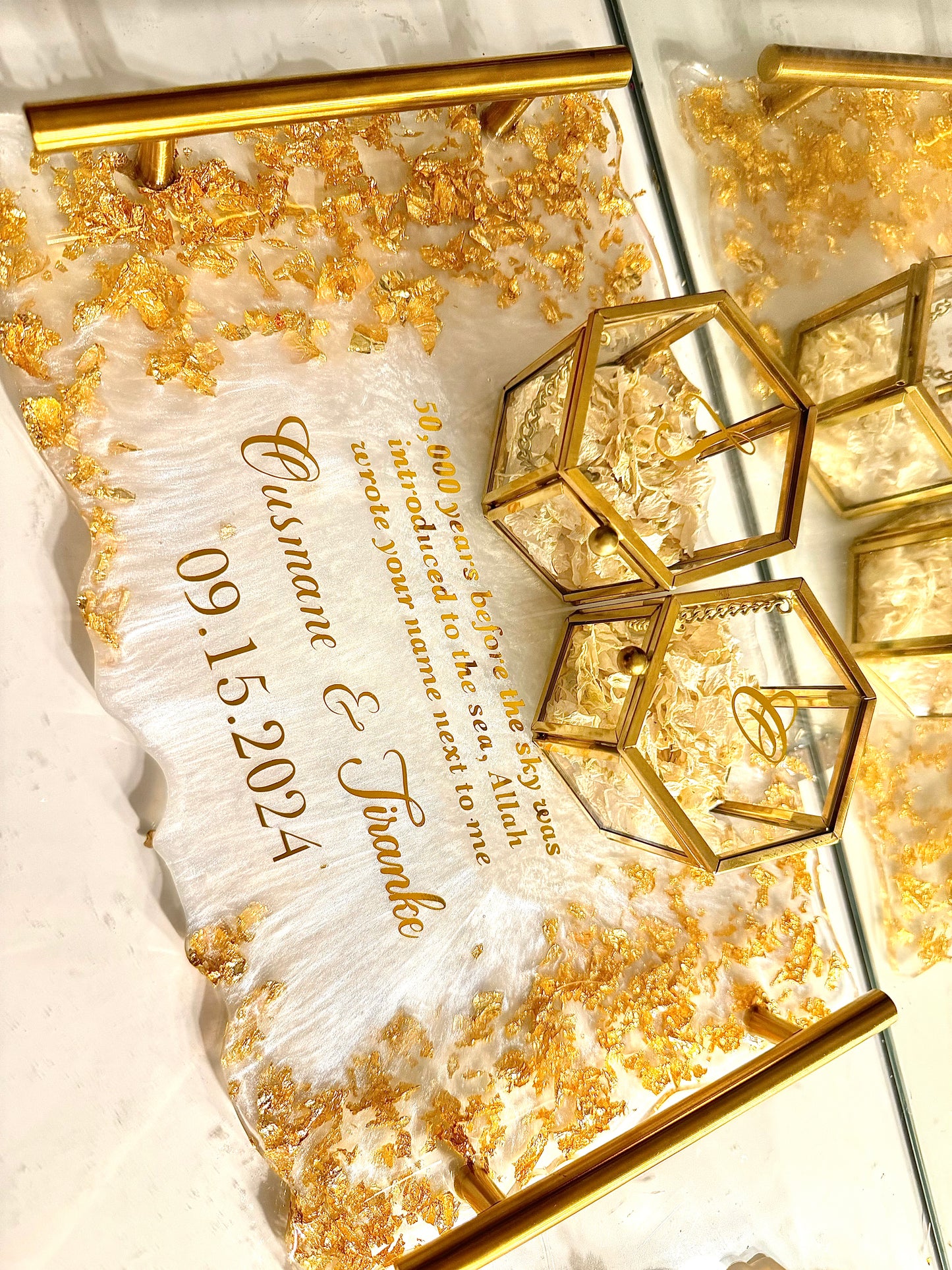 Gold flakes and white rectangle ring tray