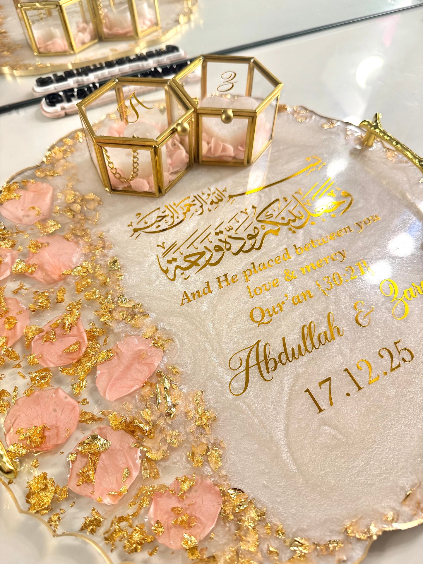 12” Baby pink petal and gold ring tray