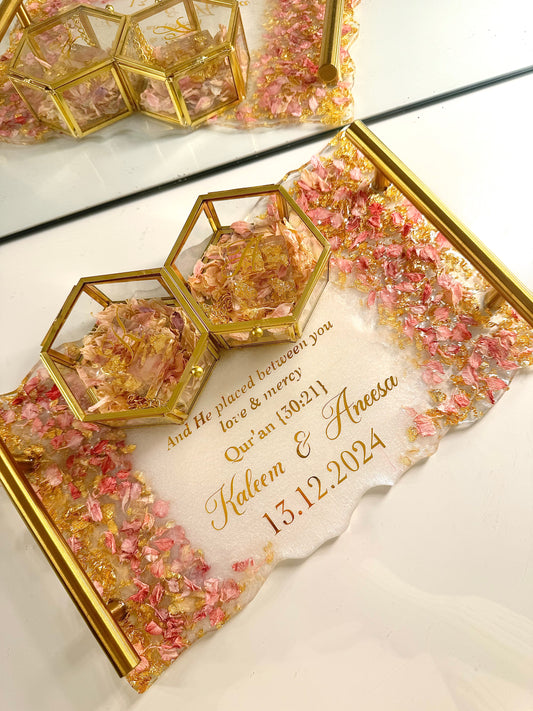 Pink petals and gold rectangle ring tray