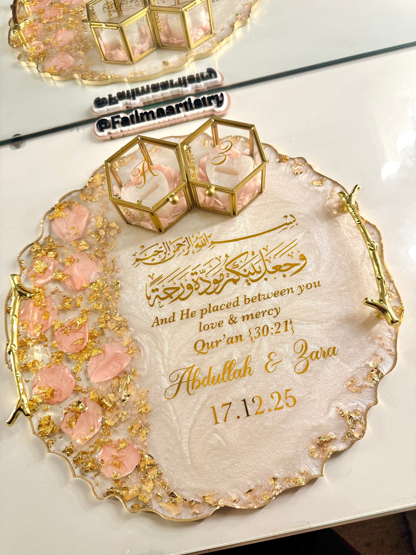12” Baby pink petal and gold ring tray