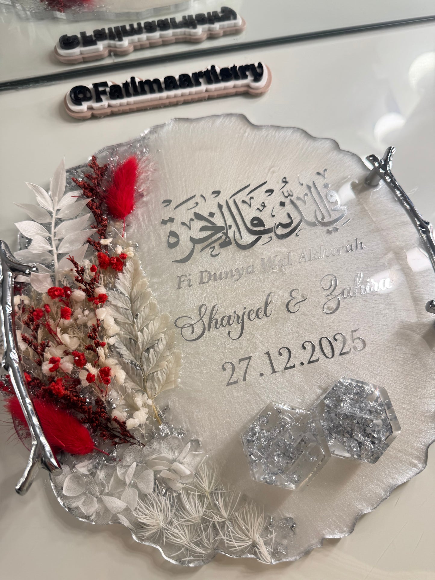Silver and red dried flower circle ring tray