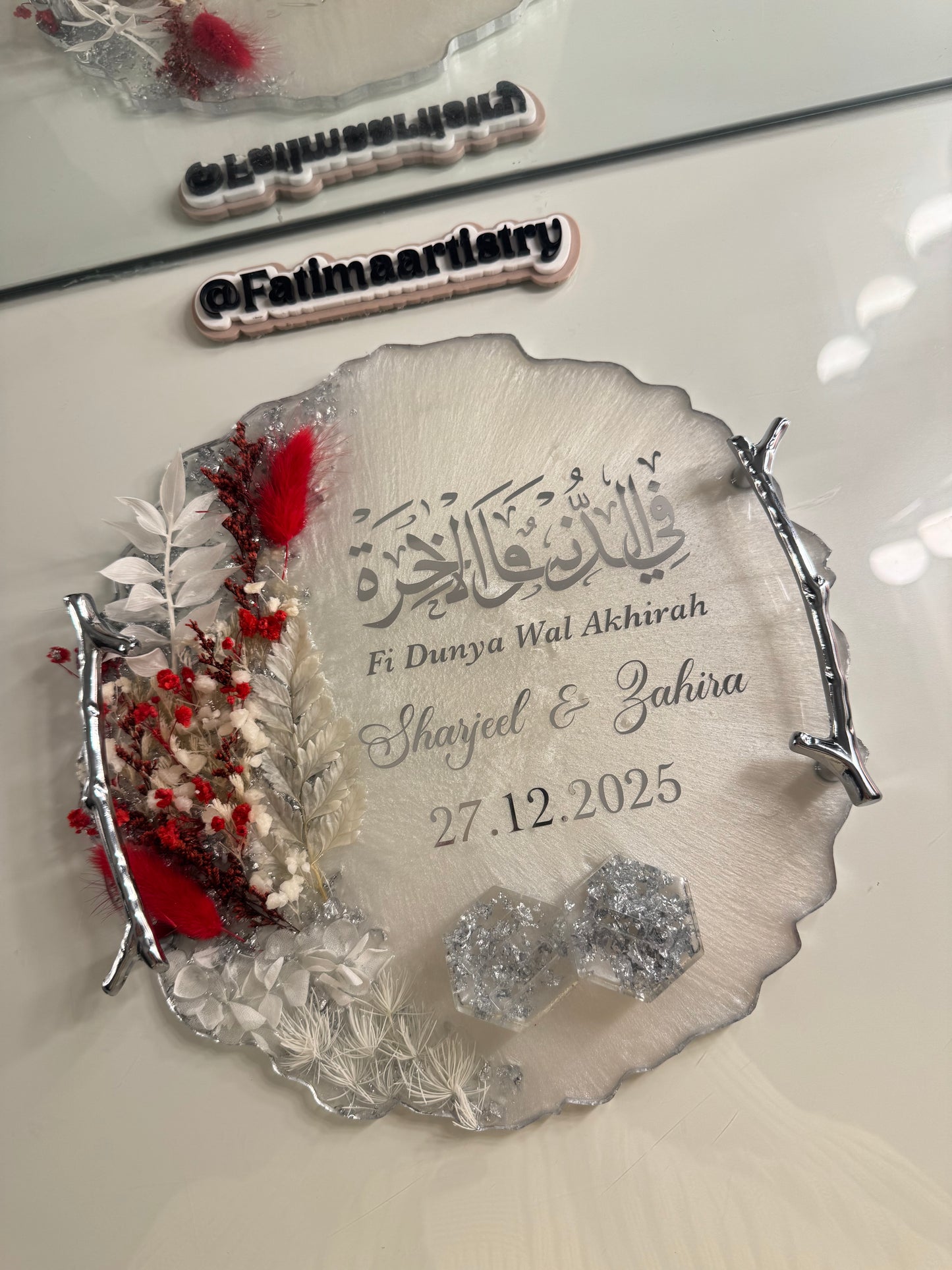 Silver and red dried flower circle ring tray
