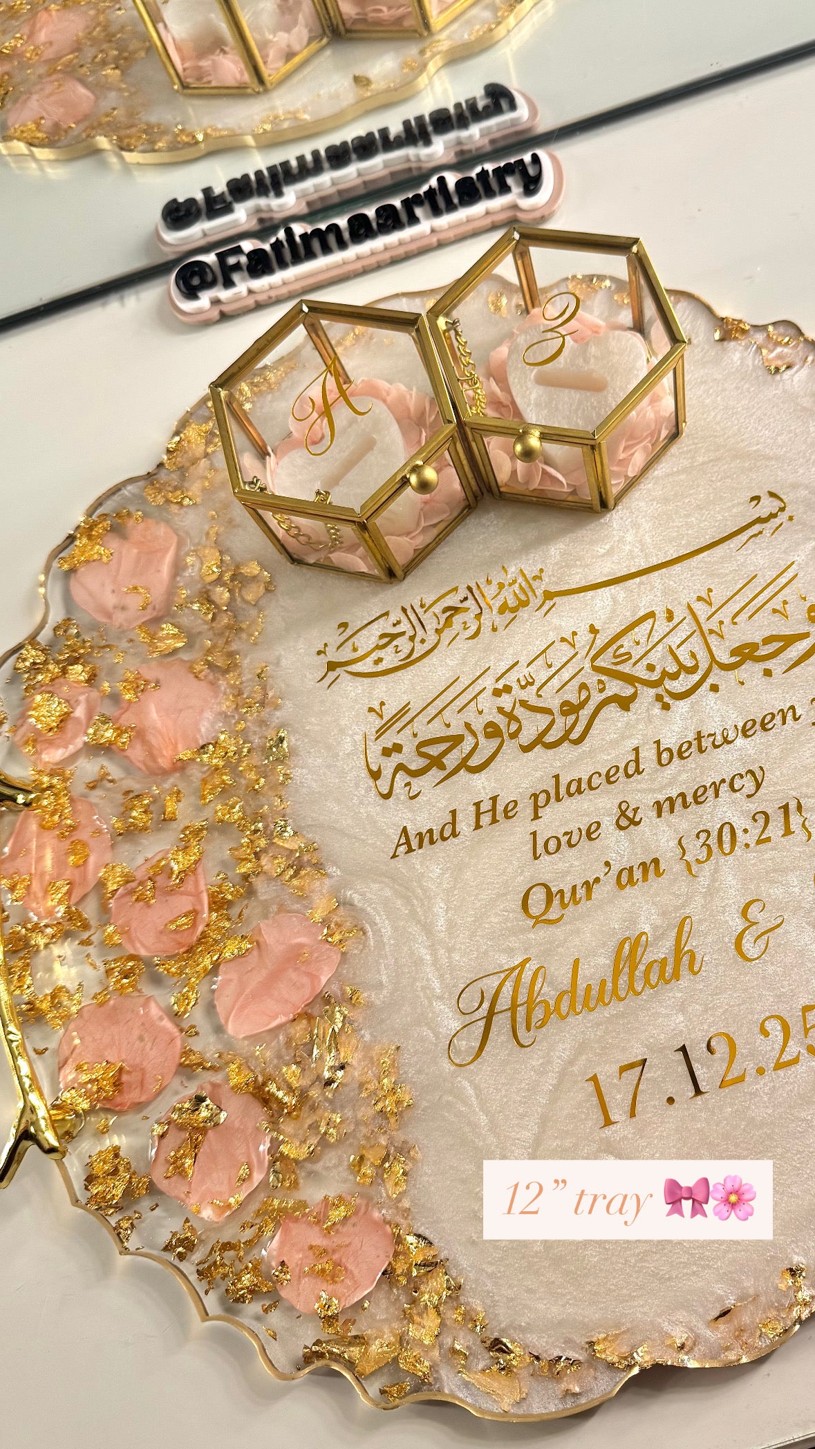 12” Baby pink petal and gold ring tray