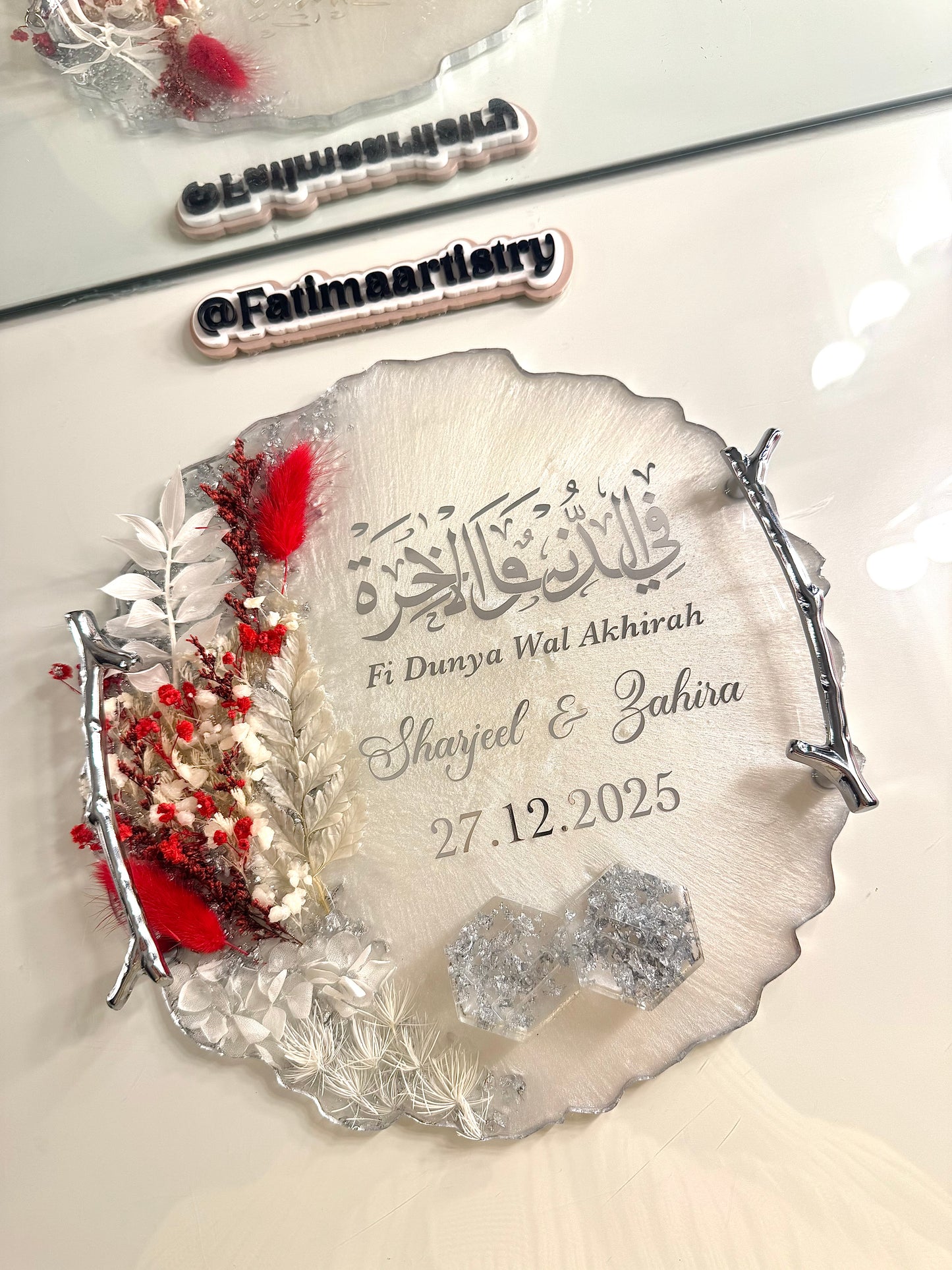 Silver and red dried flower circle ring tray