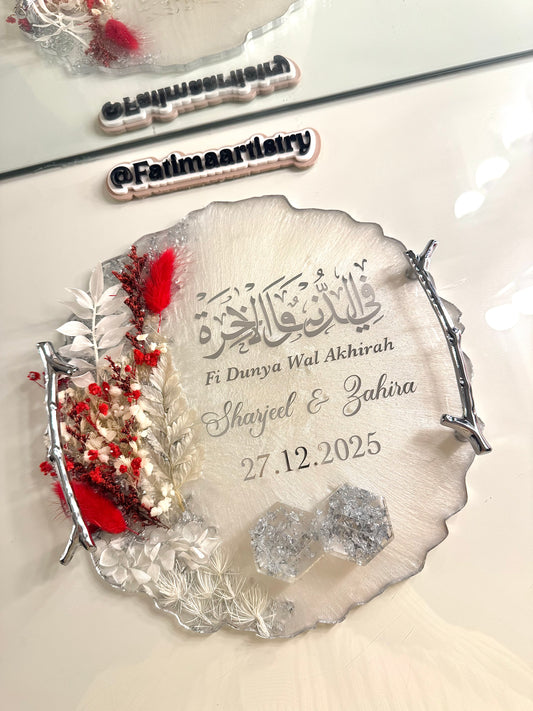 Silver and red dried flower circle ring tray