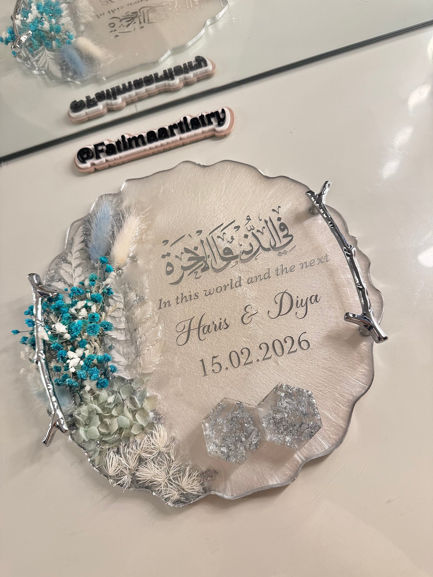Silver and baby blue dried flower circle ring tray